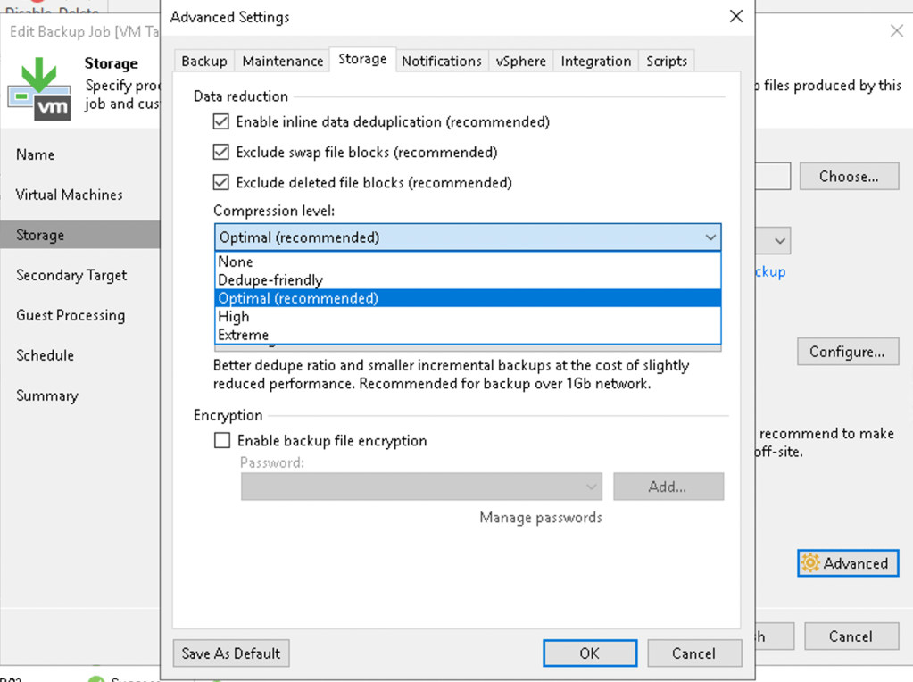 Veeam backup job compression level settings